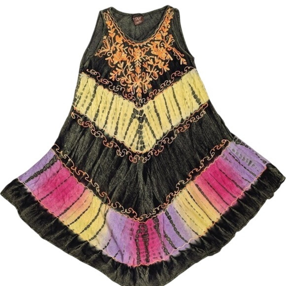 NF Vintage 90s Whimsigoth Fairycore Green Tie-dye Embroidered Flowy Midi Dress